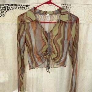 DF Young Woman’s Long Sleeve Collared Long Sleeve Cropped Multicolor Top Size L